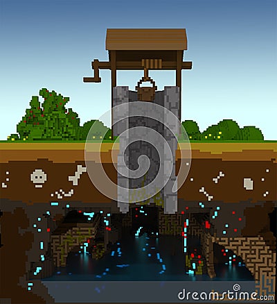 3d voxel rustic well Stock Photo