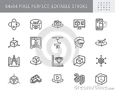 3d vr design line icons. Vector illustration included icon - virtual augmented reality, glasses, ar simulator, printer Vector Illustration