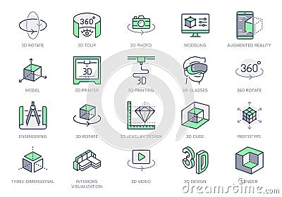 3d vr design line icons. Vector illustration included icon - virtual augmented reality, glasses, ar simulator, printer Cartoon Illustration