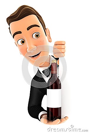 3d waiter behind left wall and holding red wine bottle Cartoon Illustration