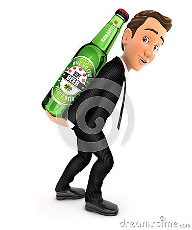 3d waiter carrying beer bottle on his back Cartoon Illustration