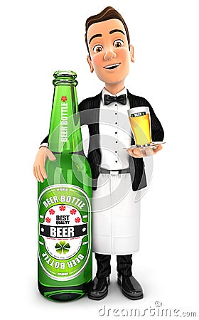 3d waiter standing next to beer bottle Cartoon Illustration