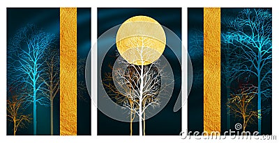 3d wall poster art wallpaper, night landscape with dark golden moon, trees, lines in dark blue black background Stock Photo