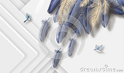 3d wallpaper abstract background with blue feathers and blue birds Stock Photo