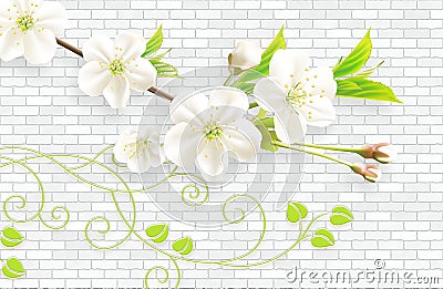 3d wallpaper abstract background with wall bricks and pink flowers green branch Stock Photo