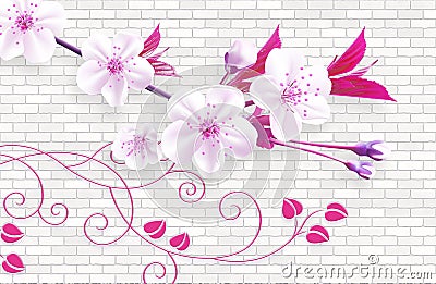 3d wallpaper abstract background with wall bricks and pink flowers green branch Stock Photo