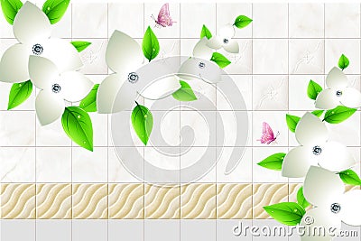 3d wallpaper abstract square marble waves background with butterfly and wall bricks and white flowers green branch Stock Photo