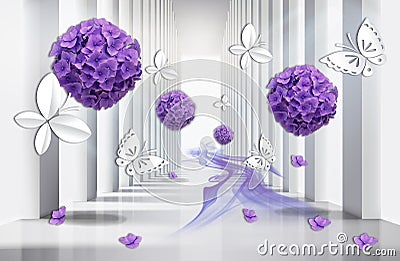 3D wallpaper, architecture tunnel with purple hydrangea flowers and butterflies. Stock Photo