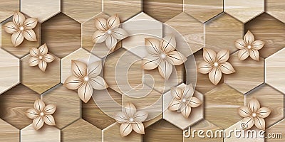 3D wallpaper background, Wooden High quality Hexagon rendering decorative Honeycomb mural wallpaper. Cartoon Illustration
