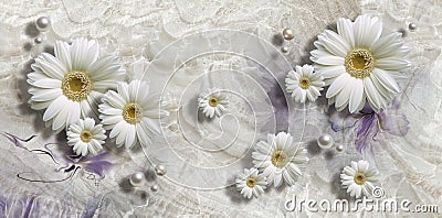 3d wallpaper, chamomiles and pearls on marble background Stock Photo