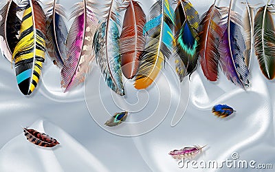 3d wallpaper colorful bird feathers on blue silk background Stock Photo