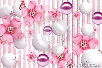 3D Wallpaper Design with Floral and Geometric Objects gold ball and pearls, gold jewelry wallpaper purple flower Stock Photo