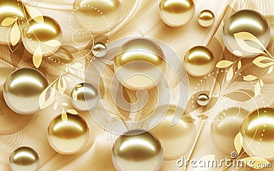 3D Wallpaper Design with Floral and Geometric Objects gold ball and pearls, gold jewelry wallpaper purple flower Stock Photo