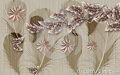 3d wallpaper diamond flowers birds feathers wallpaper Stock Photo