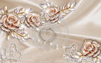 3d wallpaper diamond flowers and silver harts on silk background Stock Photo