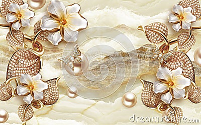 3d wallpaper golden diamond flowers and balls on marble background Stock Photo