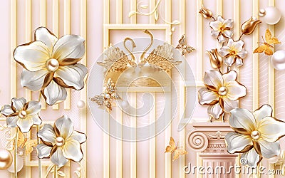 3d wallpaper golden and white jewelry flowers and butterflies and swans on background Stock Photo
