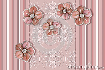 3D wallpaper, Jewelry flowers, pattern with vertical stripes, lines of different thickness and pastel shades. Stock Photo