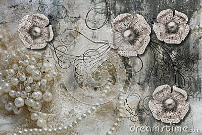 3d wallpaper, jewelry flowers, pearls on lace and concrete wall background. Murals effect. Stock Photo