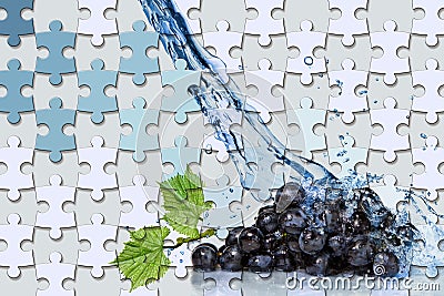 3d wallpaper, jigsaw puzzle pieces and grape, water splash on light blue background Stock Photo