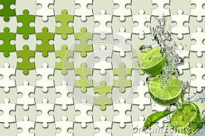 3d wallpaper, jigsaw puzzle pieces, lemon lime, water splash on light green background Stock Photo