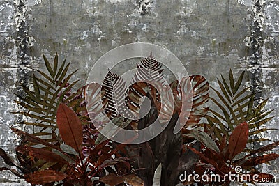 3d wallpaper, leaves of houseplants on concrete wall textured background Stock Photo