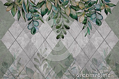 3d wallpaper, leaves texture on cement wall, geometric background. Murals effect. Stock Photo