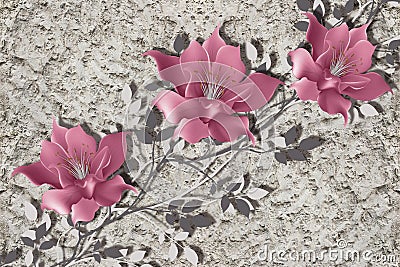 3d wallpaper, magnolia flowers on rough plaster wall Stock Photo