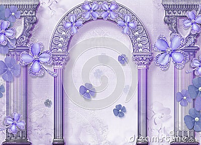 3d wallpaper move jewelry flowers on decorative plaster background Stock Photo