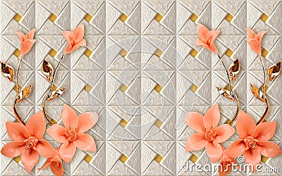 3D Wallpaper mural Design with Floral and Geometric golden branch chinese marble wallpaper flowers rose flower Stock Photo