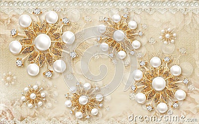 3D Wallpaper mural Design with Floral and Geometric Objects gold ball and pearls, gold jewelry wallpaper purple flowers Stock Photo