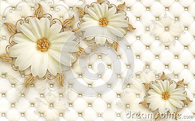 3D Wallpaper mural Design with Floral and Geometric Objects gold ball and pearls, gold jewelry wallpaper purple flowers Stock Photo