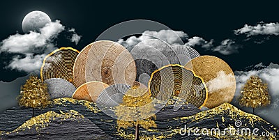 3d wallpaper, night landscape with dark golden mountains, trees, moon, wood dark black background Cartoon Illustration