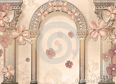 3d wallpaper pink jewelry flowers against a background of gypsum ornaments Stock Photo