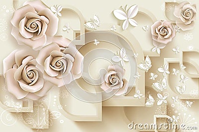 3d wallpaper pink jewelry flowers and white butterflies on 3d background Stock Photo