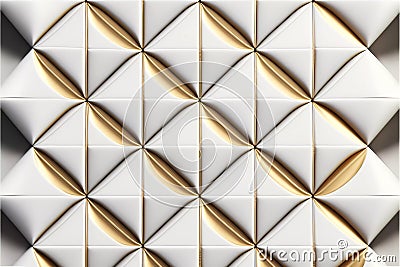 3D wallpaper soft geometry tiles made from white leather with golden decor stripes seamless realistic texture Stock Photo