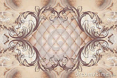 3d wallpaper, stucco decor frame, effect leather quilted buttoned Stock Photo