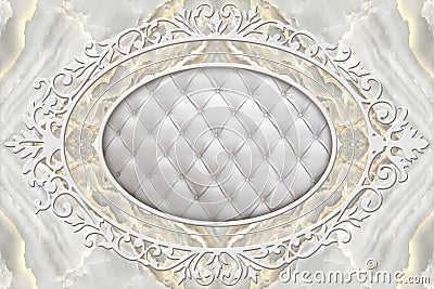 3d wallpaper, stucco decor frame, effect leather quilted buttoned Stock Photo