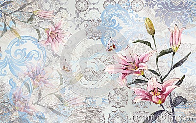 3d wallpaper textere,vintage floral damask background Stock Photo