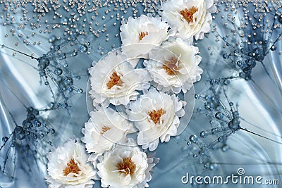 3D wallpaper texture, fabric flowers, rhinestones on blue silk background Stock Photo