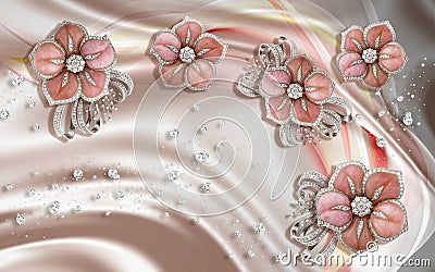 3D wallpaper texture, Jewelry flowers on peach color silk. Stock Photo