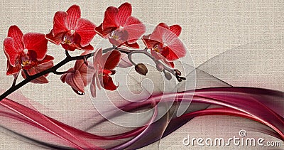 3d wallpaper texture, red orchids on fabric canvas texture. Stock Photo