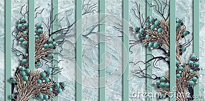 3d wallpaper, turquoise, jewelry, marble background, vertical stripes. Cartoon Illustration
