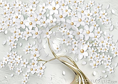 3d wallpaper for wall . mural tree with golden stem and golden pearl with white flowers . Abstract floral background . Stock Photo