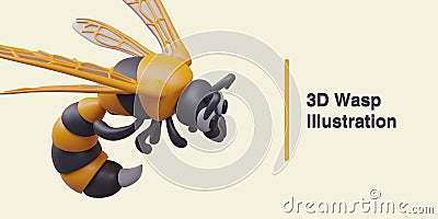 3D wasp with exposed sharp sting. Predatory insect, side view Vector Illustration