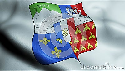 3D Waved France Coat of Arms Department Flag of Reunion Stock Photo