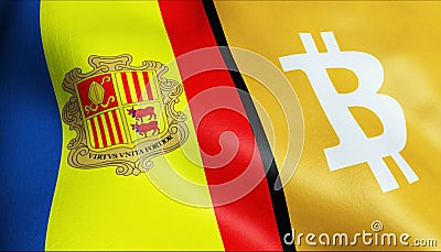 3D Waving Andorra and Bitcoin Flag Stock Photo