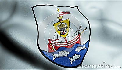 3D Waving Germany City Coat of Arms Flag of Wismar Closeup View Stock Photo