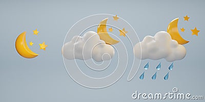 3D weather icons set. Set of Rain cloud, moon, and raindrops icon. Raindrops, Moon, and stars. Cloud weather icon. 3d render Cartoon Illustration