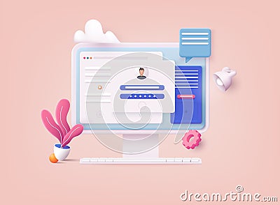 3D Web Vector Illustrations. Computer and account login and password form page on screen. Sign in to account, user authorization, Vector Illustration